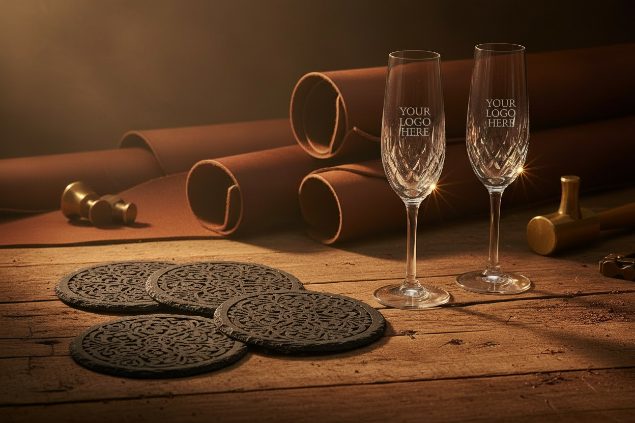 Laser Engraved Your Logo Here on Slate Coasters and Champagne Glasses